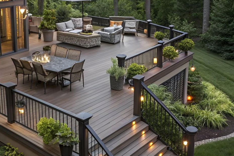 A multi-level deck with dining and lounge areas and lit stair risers at dusk