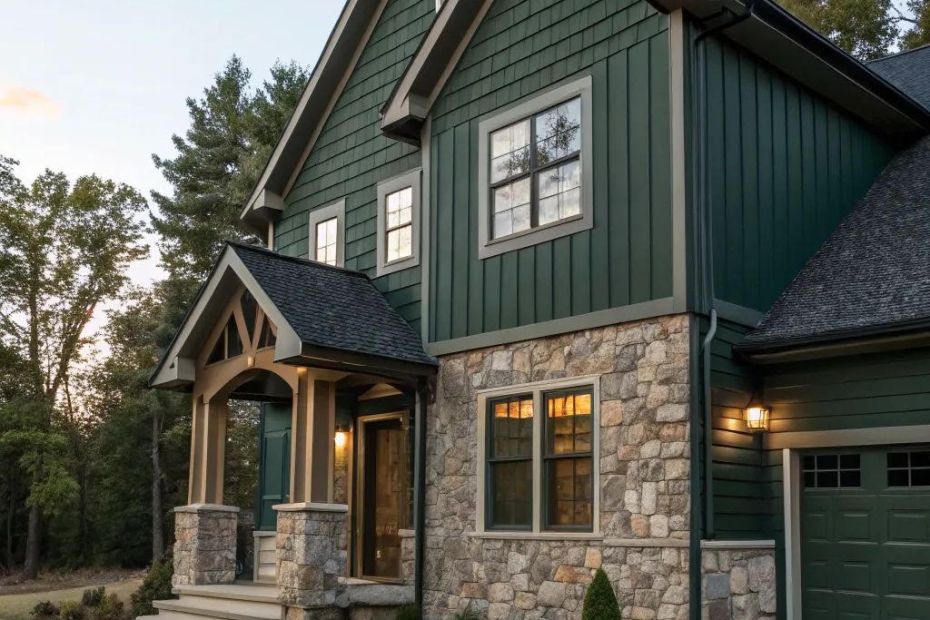 A craftsman home with green board-and-batten siding and stone veneer