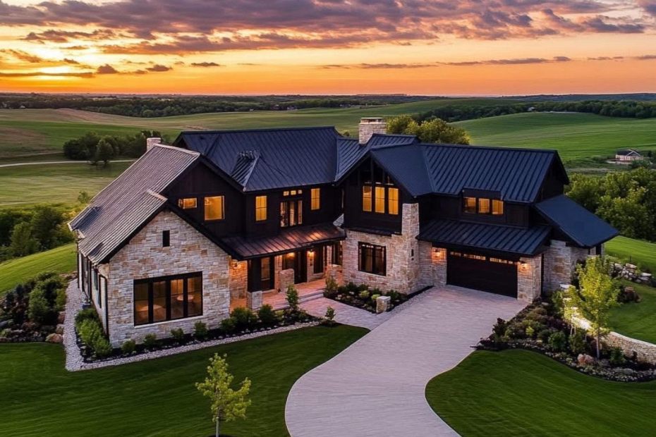 A stone and dark-sided estate home on a curving drive at sunset