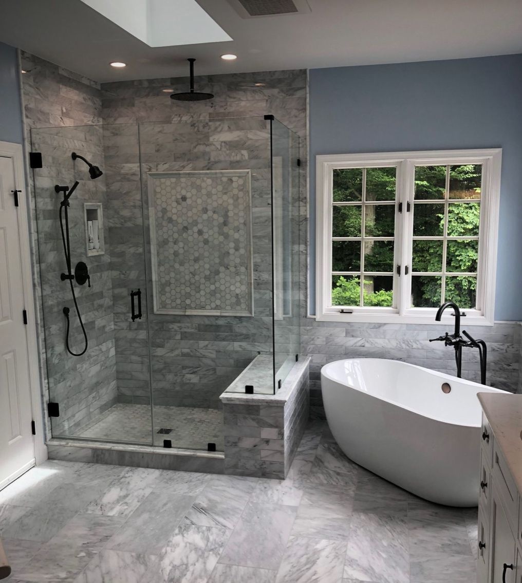 Freestanding tub grey marble bath in a Hand Made Enterprises build