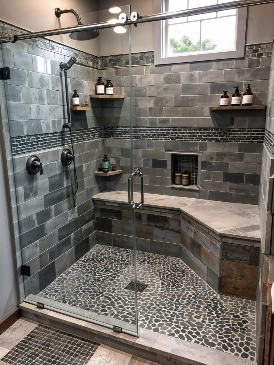 Slate shower pebble floor custom bathroom by Hand Made Enterprises