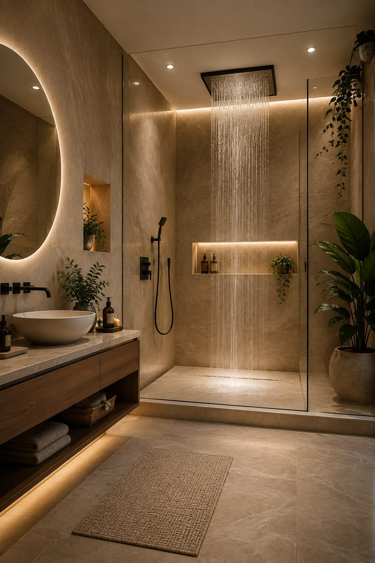 Spa rainfall backlit mirror custom bathroom by Hand Made Enterprises