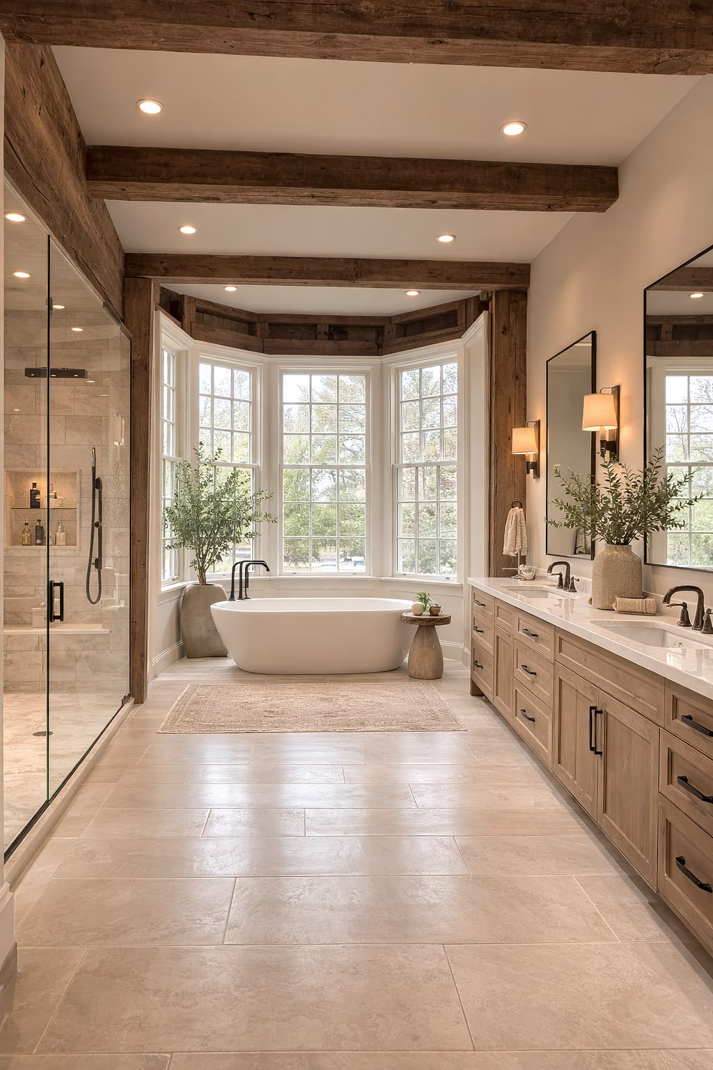 Bathroom built by Hand Made Enterprises, window tub vaulted beam