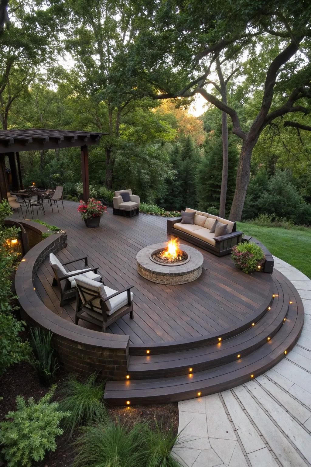 A curved composite deck with a round stone fire pit and lit steps