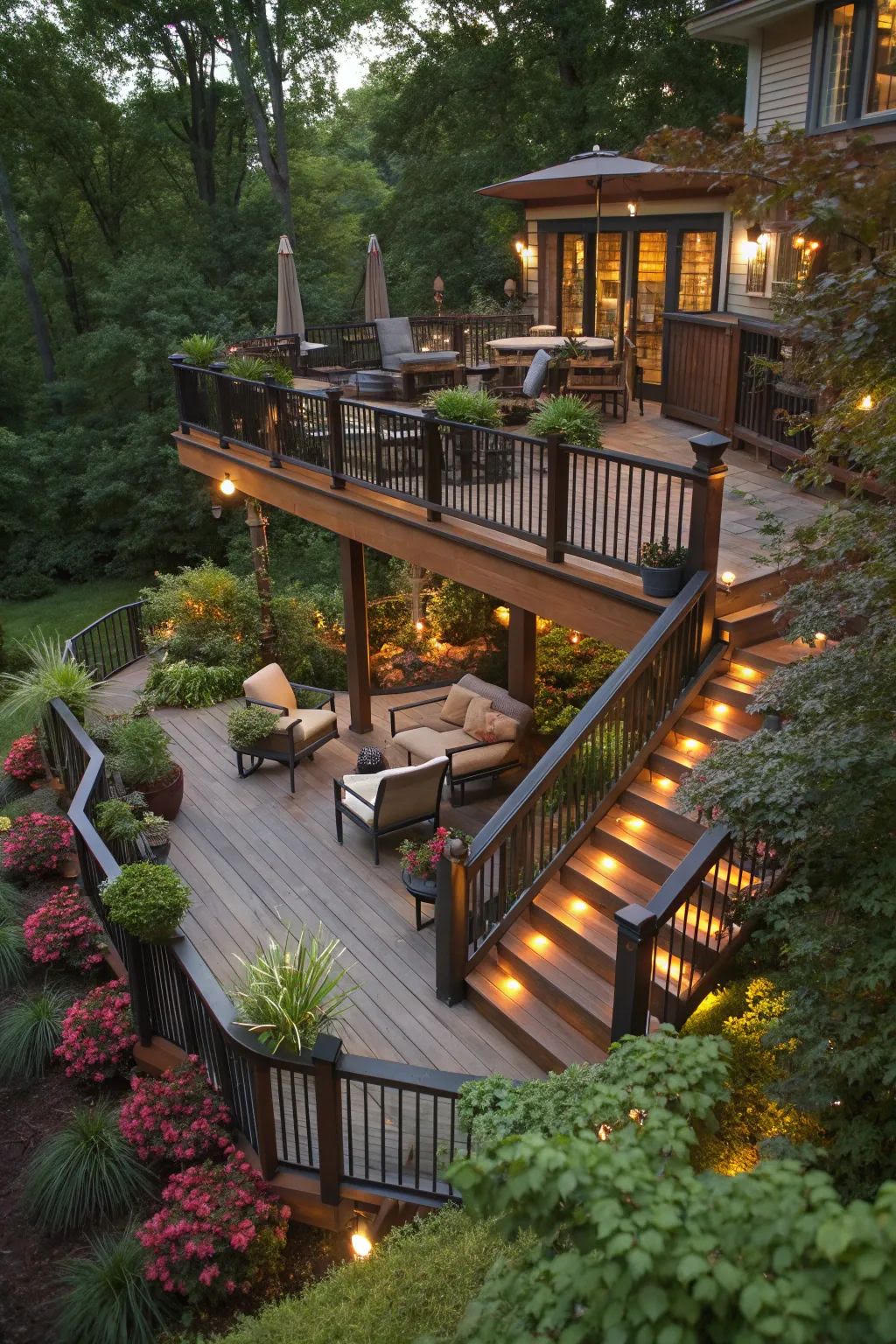 A tiered deck with lit stairs and a covered lower seating area at dusk