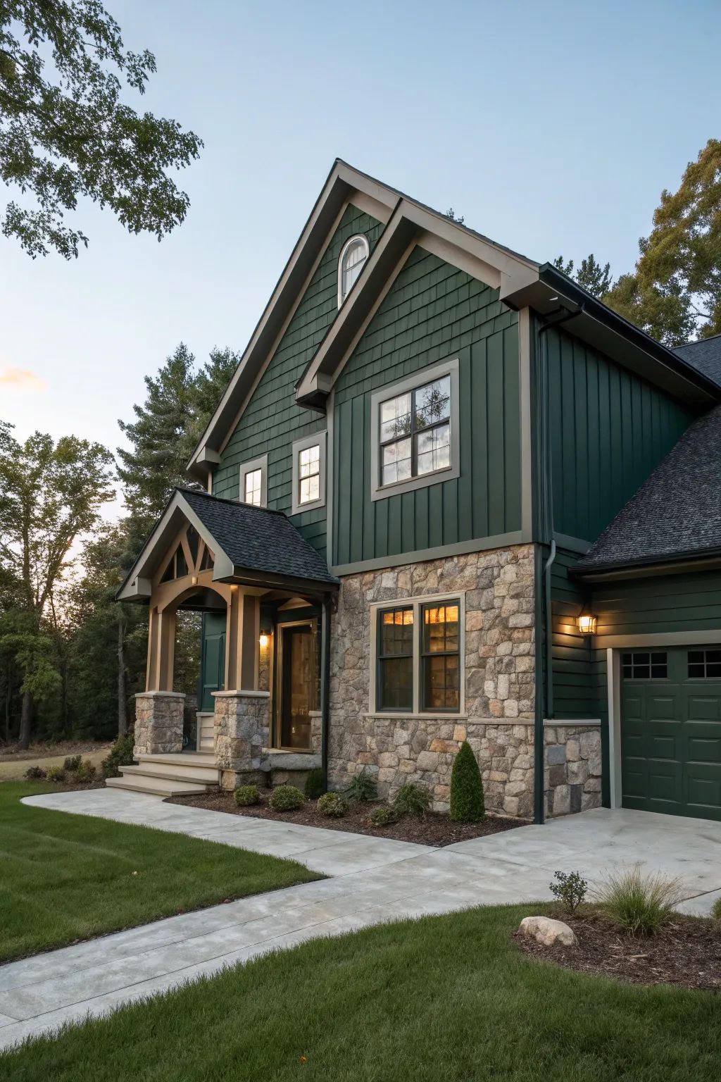 A craftsman home with green board-and-batten siding and stone veneer