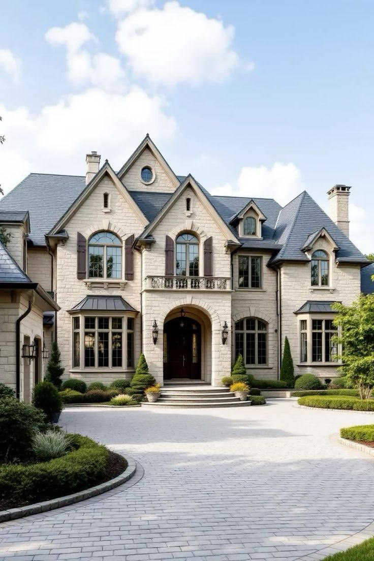French manor style home exterior with a paver driveway