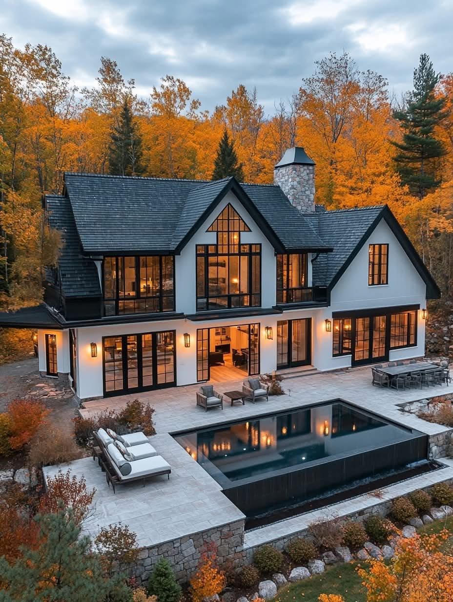 Modern farmhouse exterior in fall with a pool and patio in the foreground