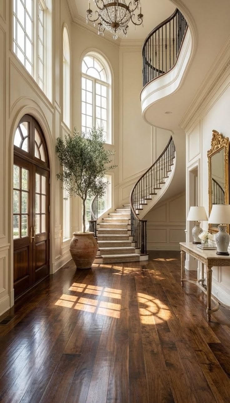 Curved staircase beside a tall arched window