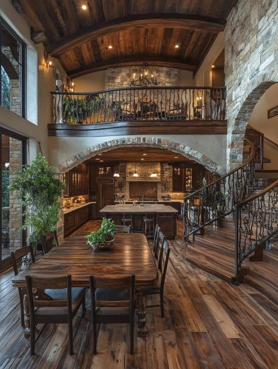 Dining barrel vault stone living space in a Hand Made Enterprises home