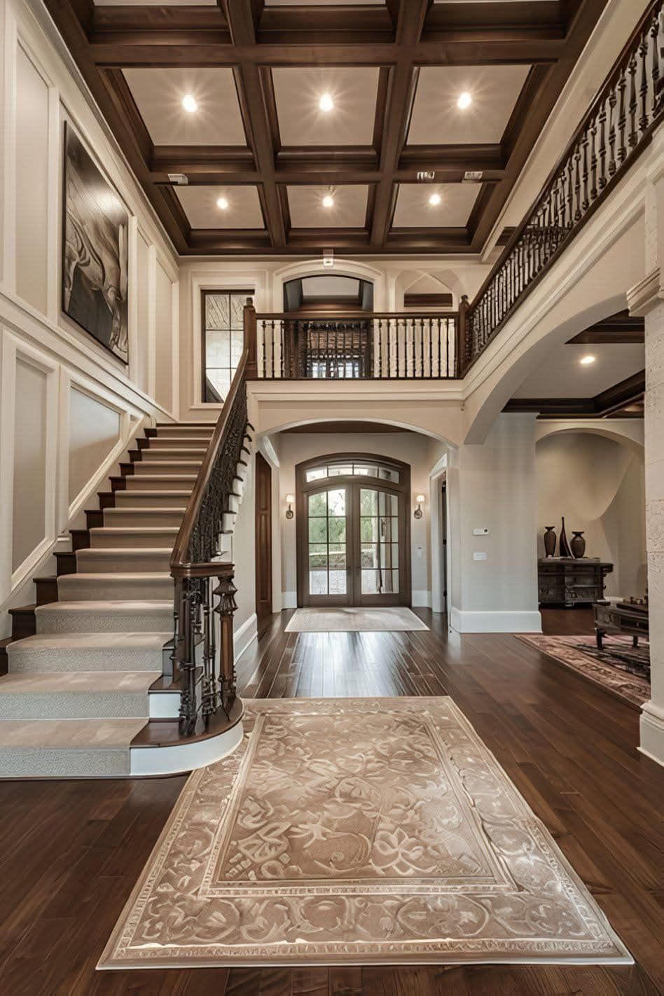 Entry foyer with a coffered ceiling above an open staircase