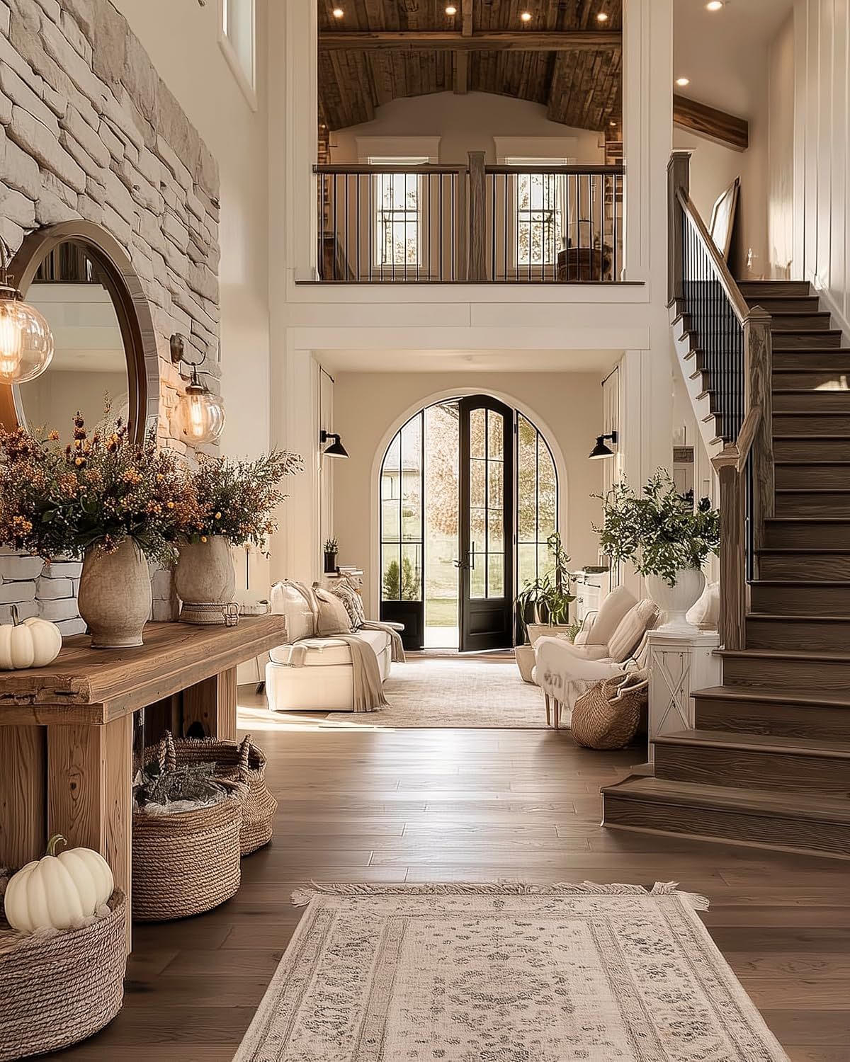 Foyer white stone stair living space in a Hand Made Enterprises home