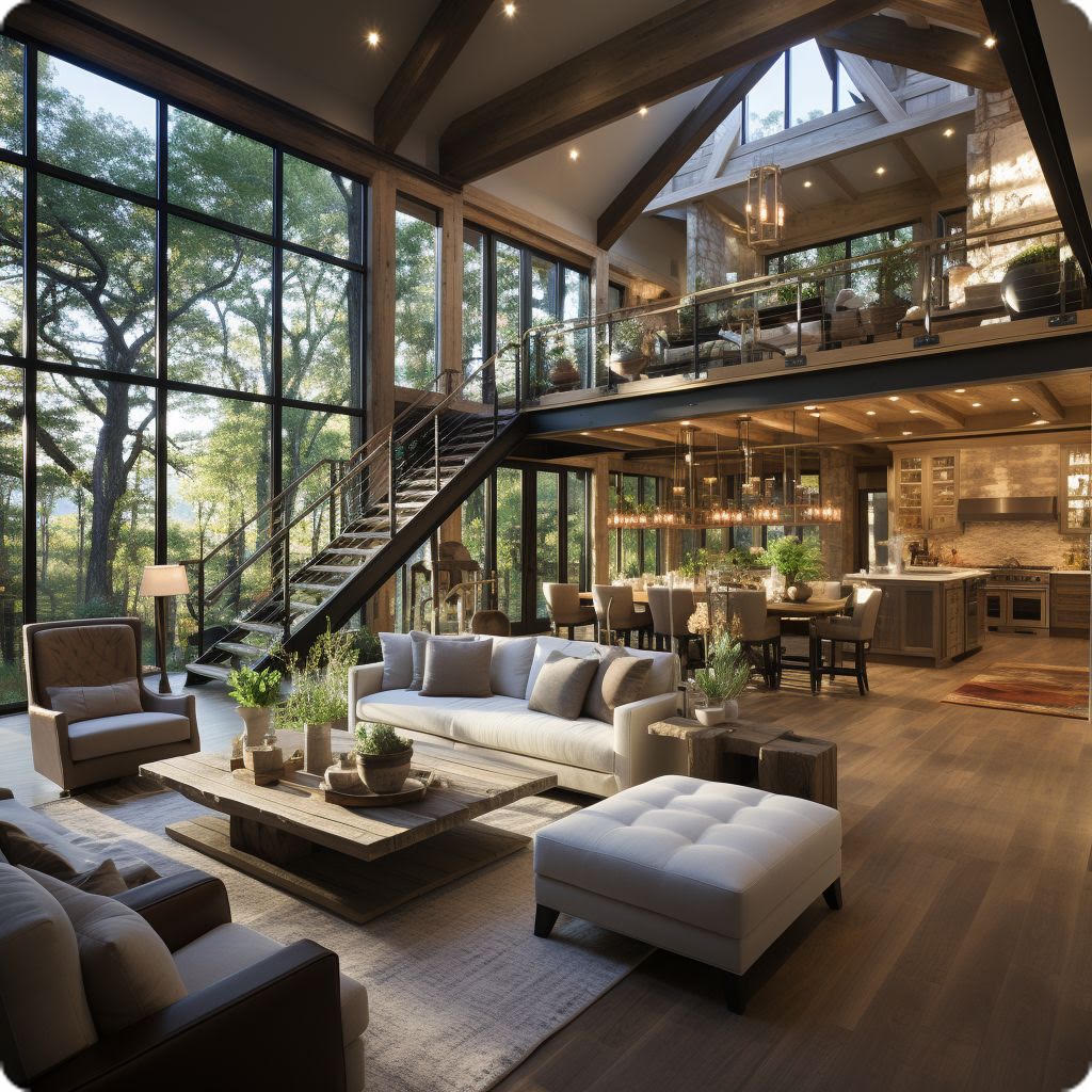 Great room glass wall loft living space in a Hand Made Enterprises home