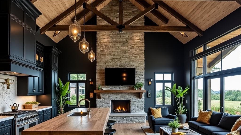 Great room vaulted black kitchen interior of a custom home by Hand Made Enterprises