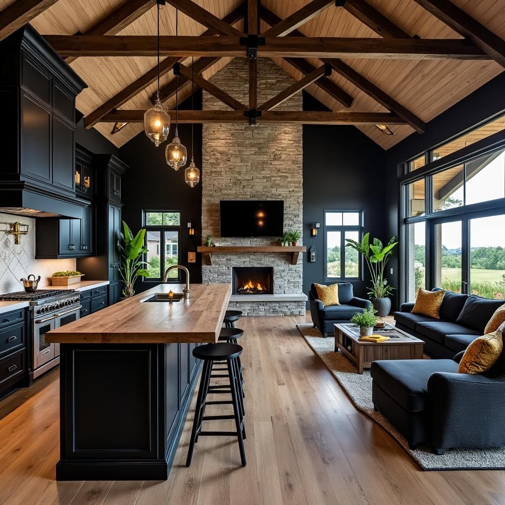 Vaulted great room open to a kitchen with black cabinetry
