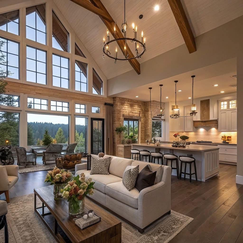 Great room vaulted chandelier living space in a Hand Made Enterprises home
