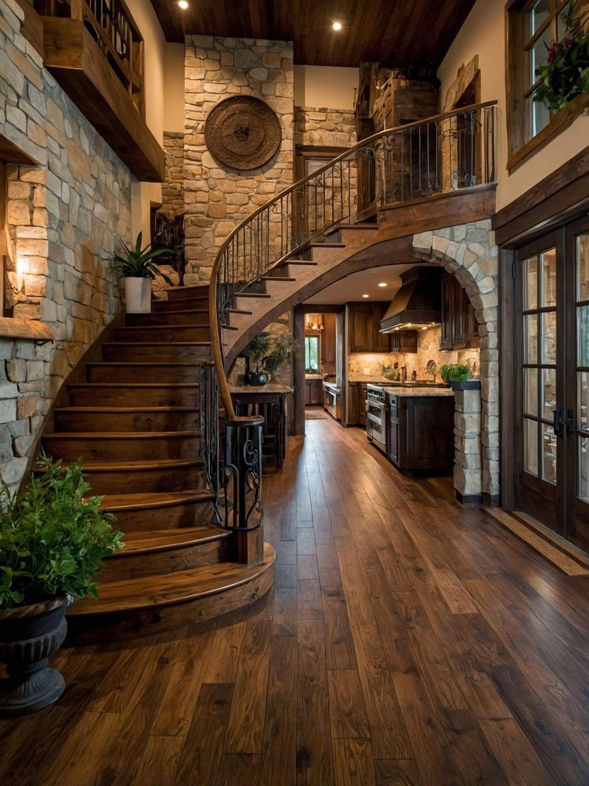 Stone arch curved stair interior of a custom home by Hand Made Enterprises