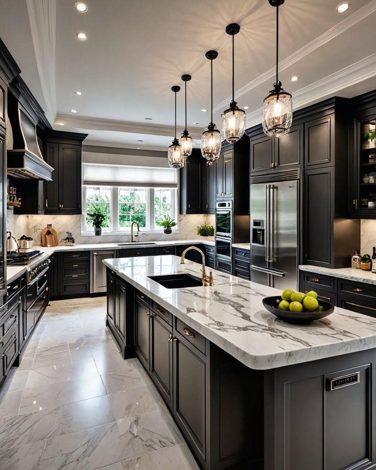 Dark cabinet marble island custom kitchen by Hand Made Enterprises