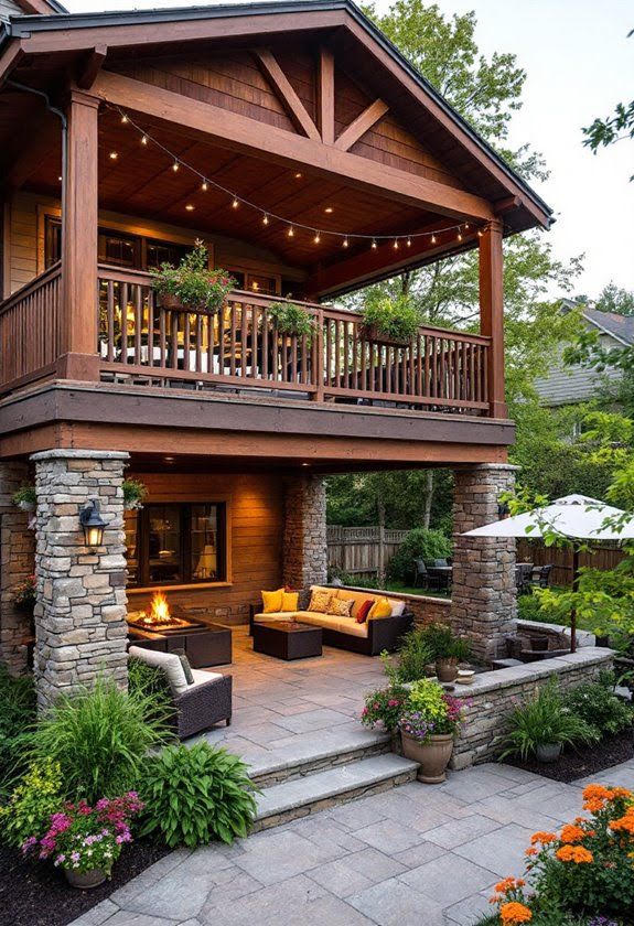 A two-story covered porch with stone columns, a fire table and a paver patio