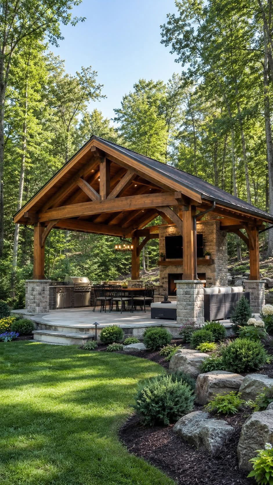 A timber-frame pavilion with an outdoor kitchen, grill and dining table on a stone patio