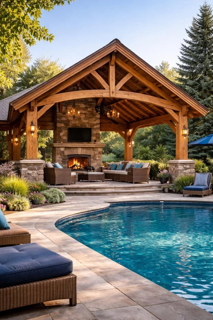 A timber-frame pavilion with a stone fireplace beside a pool