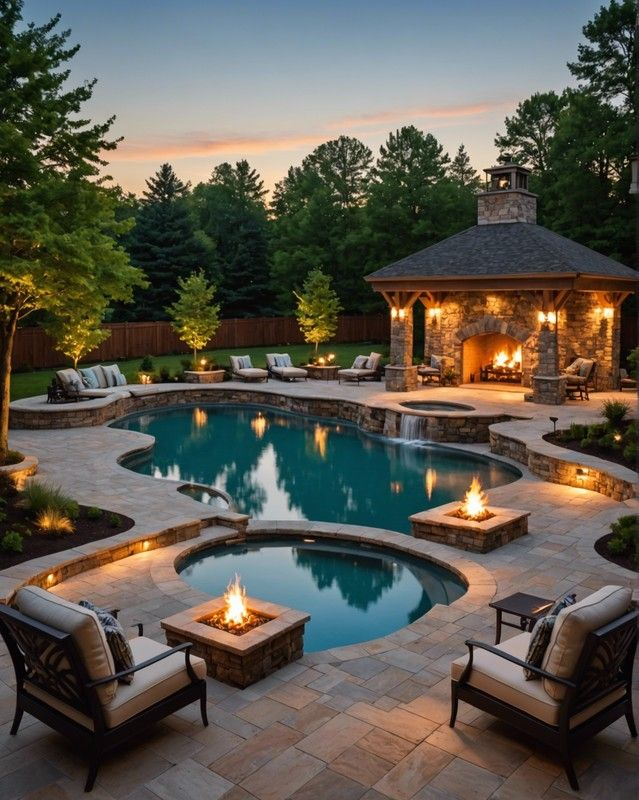 A freeform pool and spa with fire bowls and a stone fireplace pavilion at dusk