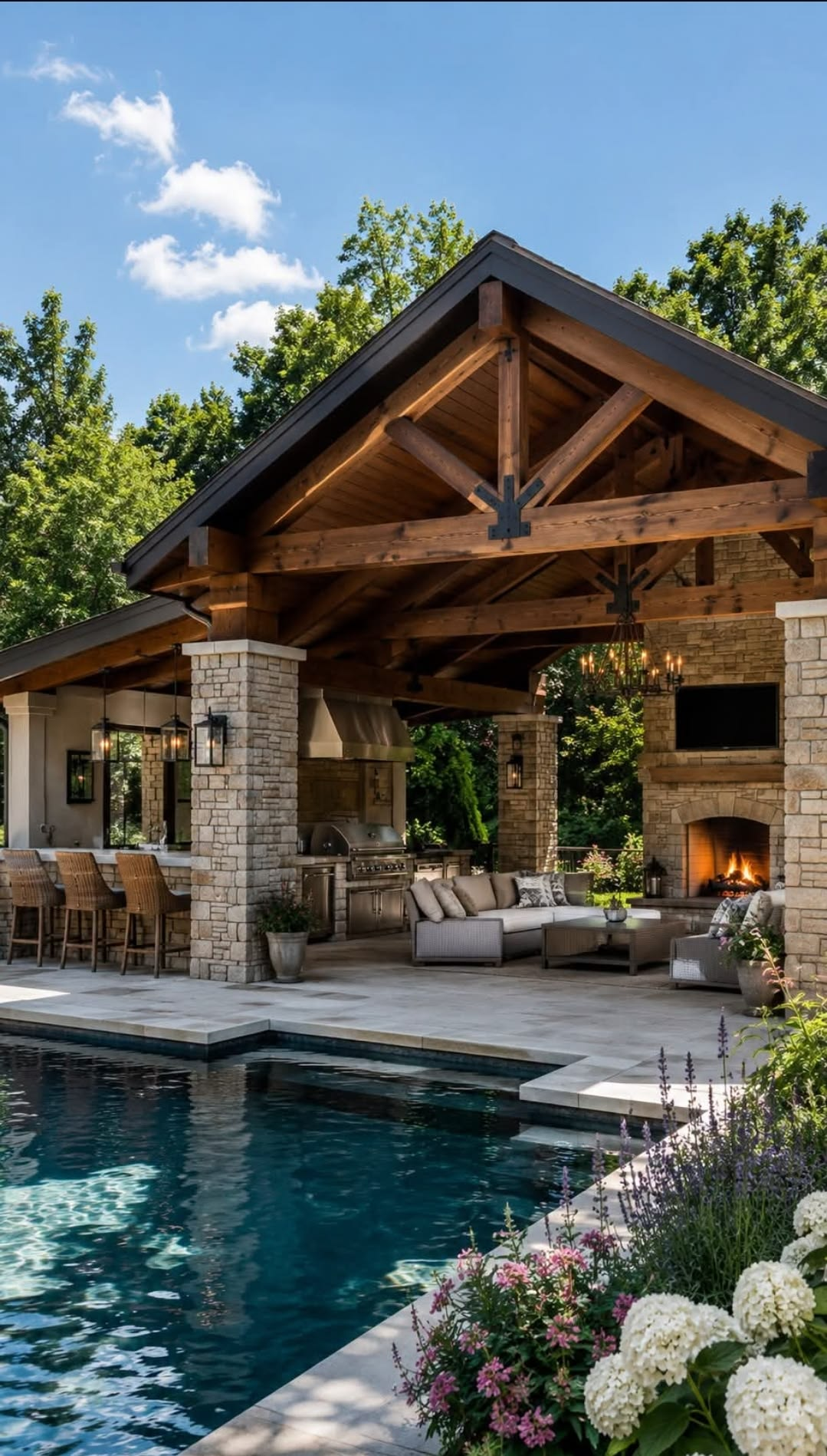 A timber pavilion with an outdoor kitchen, bar seating and fireplace beside a pool